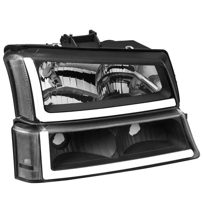 Chevrolet Silverado (03-07; Cateye): LED L-DRL Sequential Switchback (White/Amber) Black Headlight Assemblies (Clear Marker Lens)