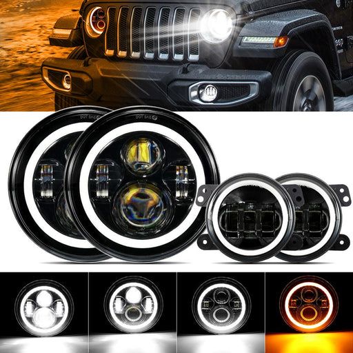 7'' LED Halo Headlights And 4'' 30W LED Fog Lights With White DRL+Amber Turn Signal For Jeep Wrangler2007-2018 JK
