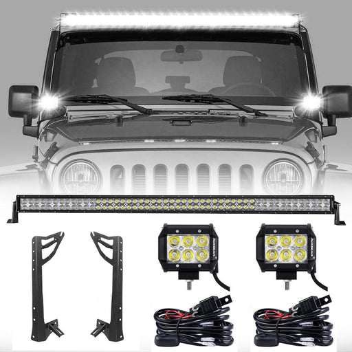52" Straight LED Light Bar & 4" LED PODS & 2 IN 1 Design Windshield Mounting Brackets For Jeep Wrangler JK 2007~2017