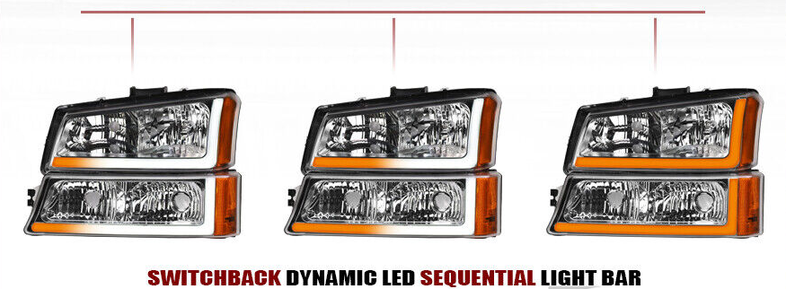 Chevrolet Silverado (03-07; Cateye): LED L-DRL Sequential Switchback (White/Amber) Chrome Headlight Assemblies
