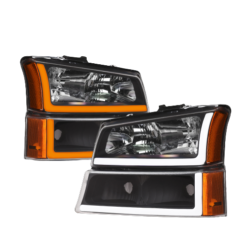 Chevrolet Silverado (03-07; Cateye): LED L-DRL Sequential Switchback (White/Amber) Black Headlight Assemblies