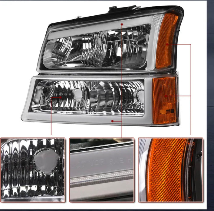 Chevrolet Silverado (03-07; Cateye): LED DRL Sequential Switchback (White/Amber) Chrome Headlight Assemblies