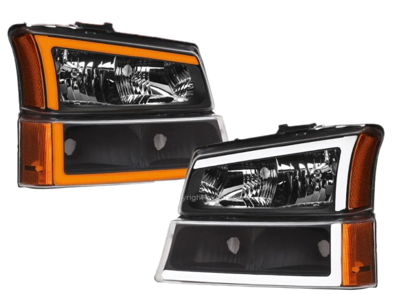 Chevrolet Silverado (03-07; Cateye): LED DRL Sequential Switchback (White/Amber) Black Headlight Assemblies