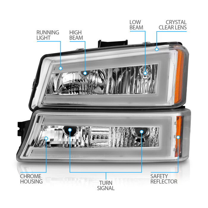 Chevrolet Silverado (03-07; Cateye): Chrome LED DRL Headlight Assemblies